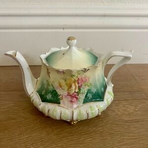 Antique RS Prussia Teapot Floral Rose Porcelain Green Wreath Mark c.‎ 1870-1918